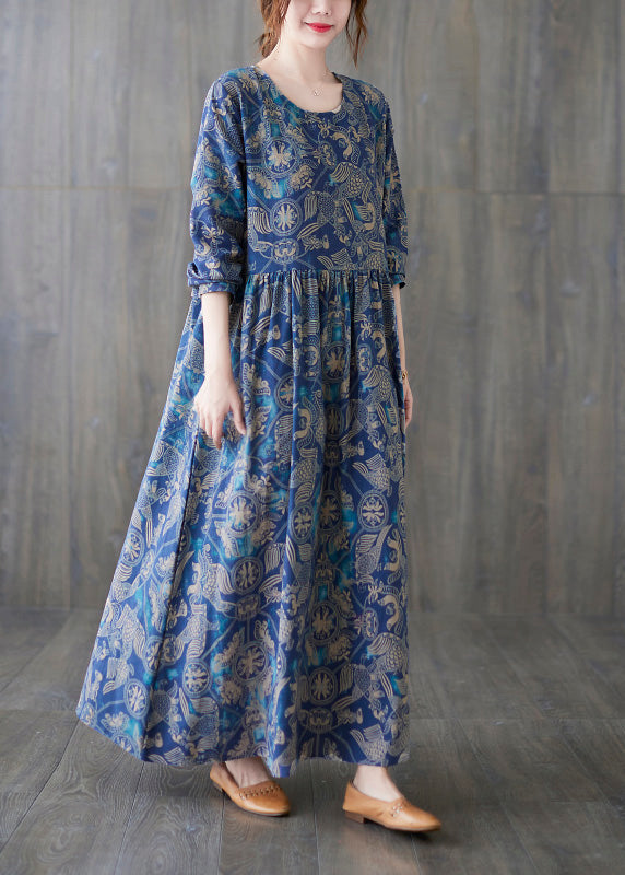 Chic Blue O-Neck Print Patchwork Long Dress Summer