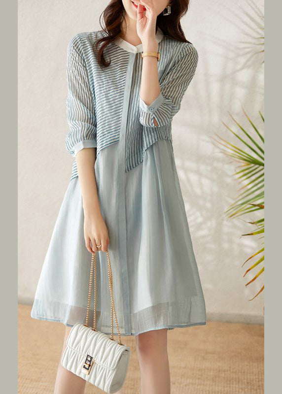 Chic Blue O-Neck Striped Patchwork Fake Two Pieces Button Long Dress Summer