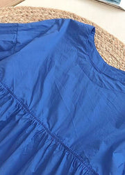 Chic Blue O Neck Wrinkled Patchwork Cotton Shirt Tops Summer