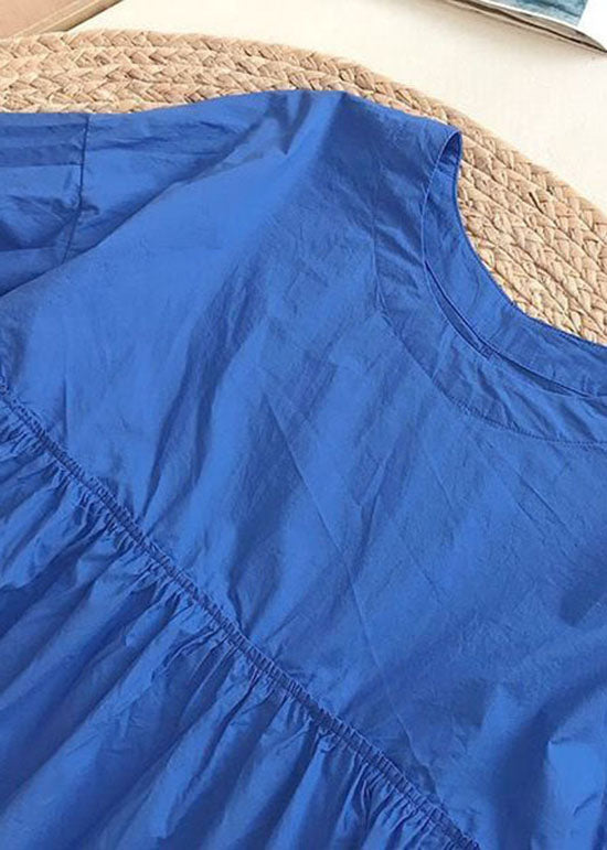 Chic Blue O Neck Wrinkled Patchwork Cotton Shirt Tops Summer