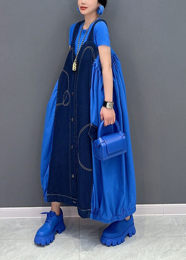 Chic Blue Oversized Patchwork Cotton Denim Strap Dress Summer