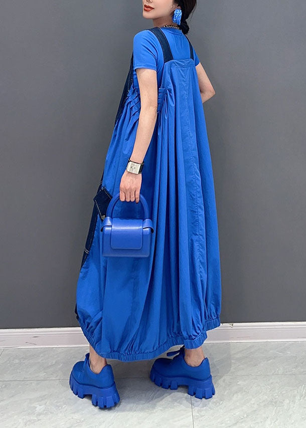 Chic Blue Oversized Patchwork Cotton Denim Strap Dress Summer