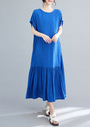Chic Blue Oversized Patchwork Wrinkled Cotton Robe Dresses Summer