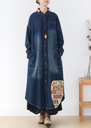 Chic Blue Peter Pan Kragen Patchwork Letter Print Button Pockets Baumwoll-Denim-Kleider mit langen Ärmeln
