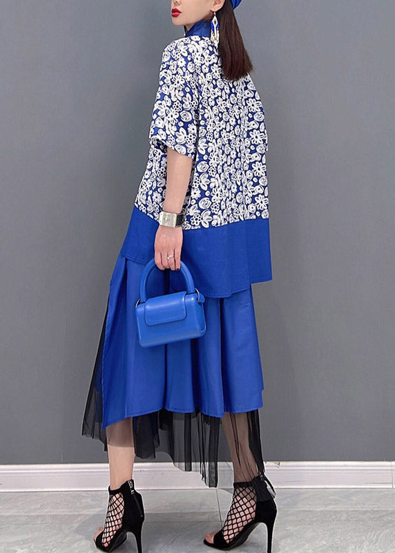Chic Blue Peter Pan Collar asymmetrical design Tulle Patchwork Shirt And Skirt Two Pieces Sets Summer
