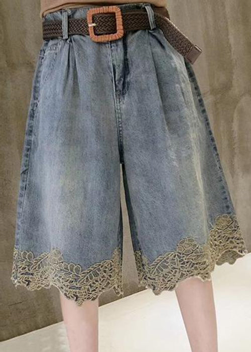 Chic Blue Pockets Lace Patchwork Denim Shorts Summer
