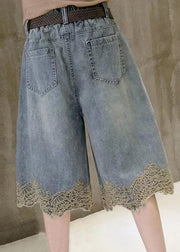 Chic Blue Pockets Lace Patchwork Denim Shorts Summer