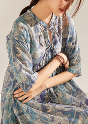 Chic Blue Print O-Neck tie Print Ramie Summer Holiday Dress - SooLinen