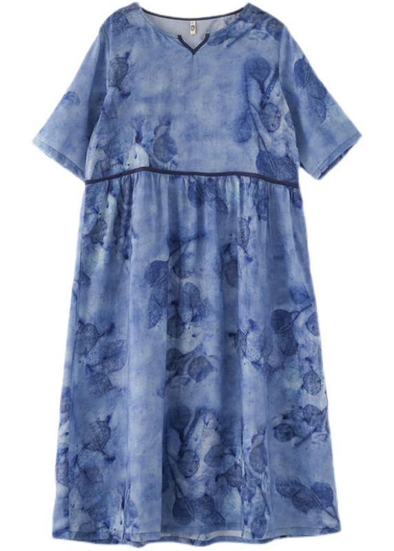 Chic Blue Print V Neck Summer Ramie Vacation Dresses - SooLinen