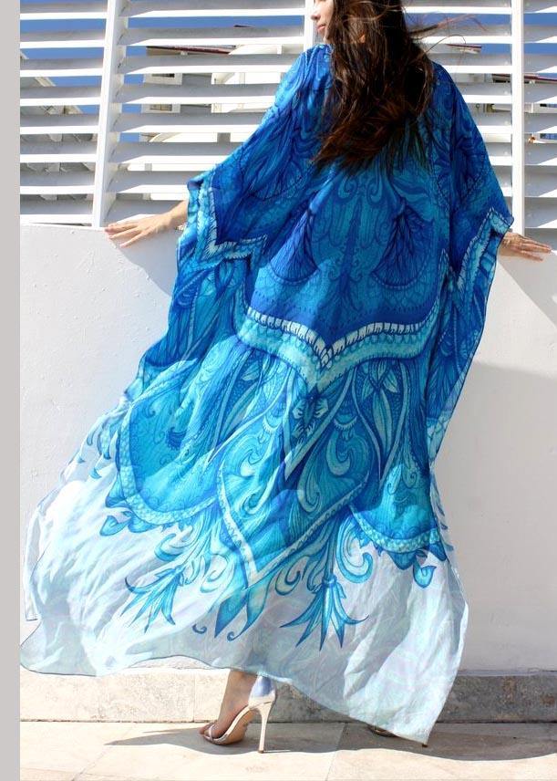 Chic Blue Print kimono robe Maxi Dresses  Cotton Dress - SooLinen