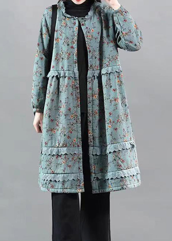 Chic Blue Ruffled Lace Patchwork Warm Fleece Coat Fall