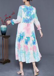 Chic Blue Ruffled Patchwork Print Chiffon Holiday Dresses Summer