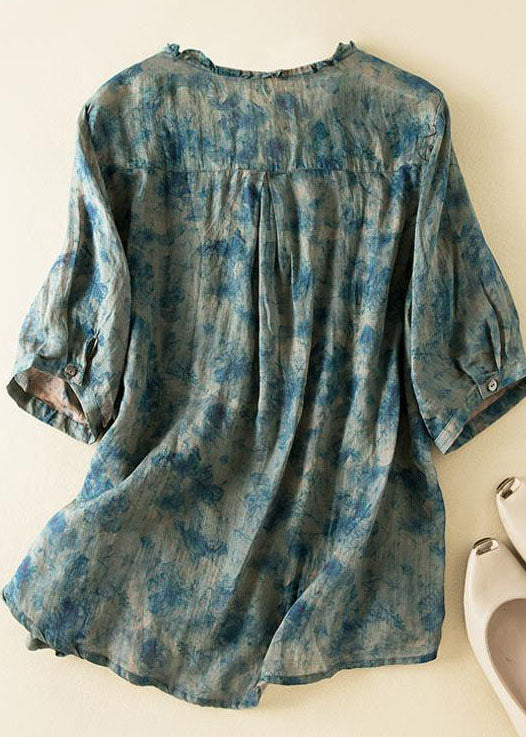 Chic Blue Ruffled Print Patchwork Linen Shirts Top Summer