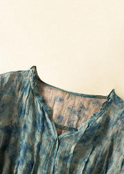 Chic Blue Ruffled Print Patchwork Linen Shirts Top Summer