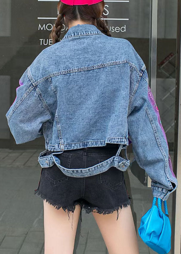 Chic Blue Ruffled Tulle Embroidered Patchwork Denim Jacket Spring