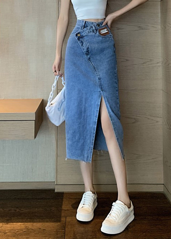 Chic Blue Side Open Asymmetrical Patchwork Denim Maxi Skirts Summer