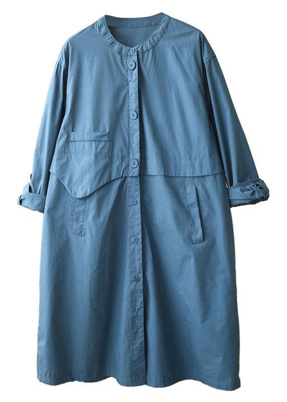 Chic Blue Stand Collar Button Pockets Fall Cotton Coats Long sleeve - SooLinen