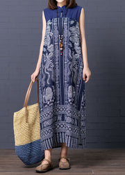 Chic Blue Stand Collar Print Patchwork Cotton Summer Dress Sleeveless