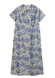 Chic Blue Stand Collar Print Side Open Cotton Long Dress Short Sleeve