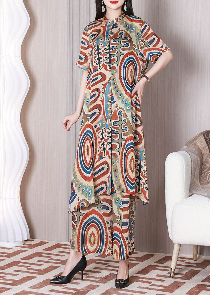 Chic Blue Stand Collar Print Silk Shirt Dress And Straight Pant Women Sets 2 Pieces Summer