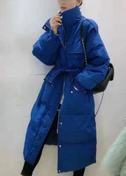 Chic Blue Stand Collar zippered Long Puffer Jacket Down Coat