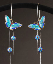 Chic Blue Sterling Silver Cloisonne Butterfly Floral Drop Earrings