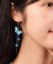 Chic Blue Sterling Silver Cloisonne Butterfly Floral Drop Earrings
