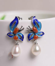 Chic Blue Sterling Silver Cloisonne Jade Pearl Butterfly Stud Earrings