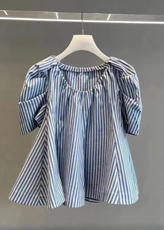 Chic Blue Striped Cotton Shirts Puff Sleeve