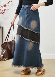 Chic Blue Tasseled Patchwork Denim Skirt Fall