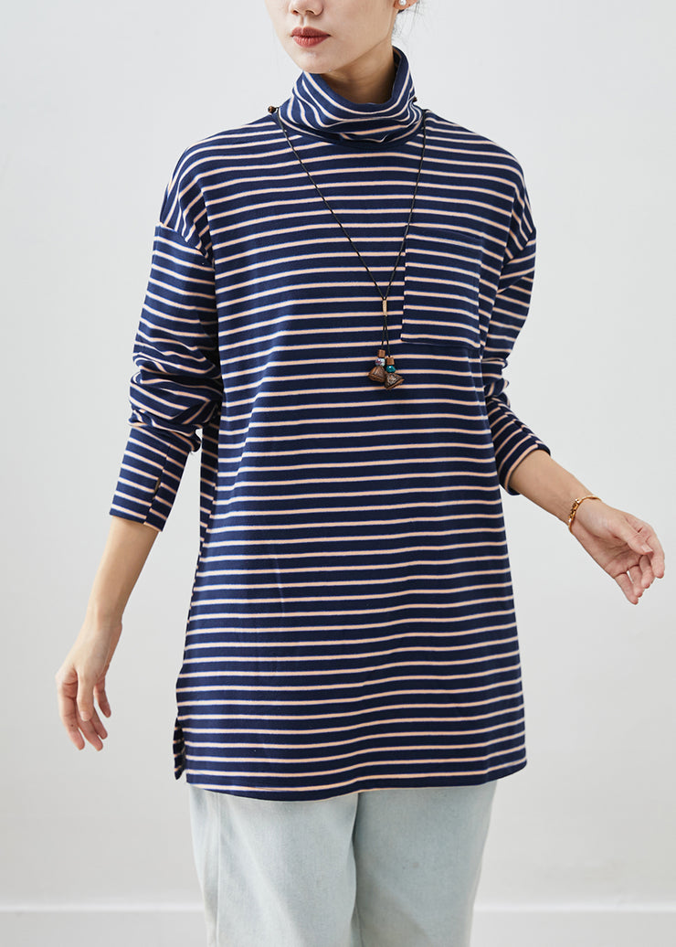 Chic Blue Turtle Neck Striped Cotton Shirt Top Fall