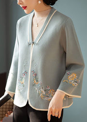 Chic Blue V Neck Embroidered Woolen Coats Long Sleeve