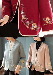 Chic Blue V Neck Embroidered Woolen Coats Long Sleeve