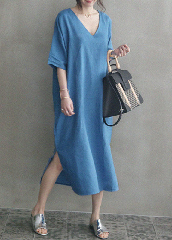 Chic Blue V Neck Patchwork Side Open Linen Maxi Dress Summer