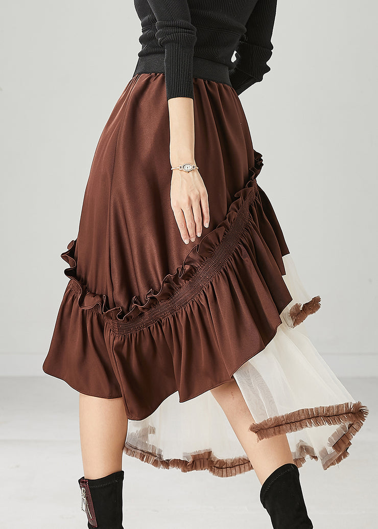 Chic Brown Asymmetrical Patchwork Ruffled Tulle Skirts Spring