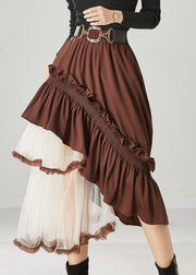 Chic Brown Asymmetrical Patchwork Ruffled Tulle Skirts Spring