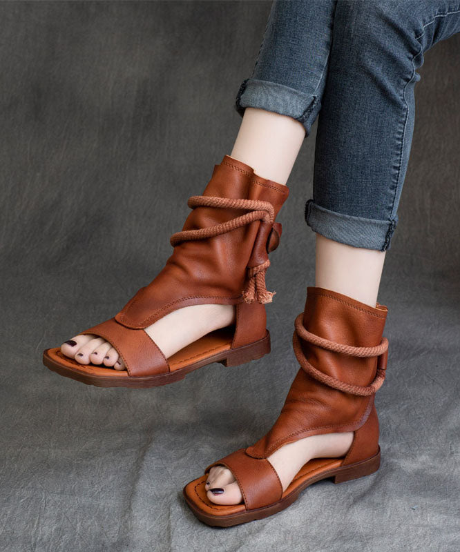 Chic Brown Cowhide Leather Flat Sandals Boots Peep Toe Splicing Zippered