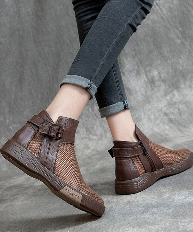 Chic Brown Knit Fabric Hollow Out Splicing Flat Shoes