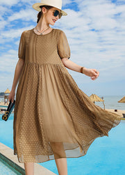 Chic Brown O Neck Wrinkled Patchwork Silk Vacation Dresses Summer