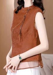 Chic Brown Tasseled Patchwork Jacquard Silk Shirt Sleeveless