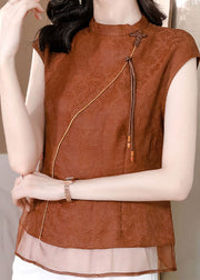 Chic Brown Tasseled Patchwork Jacquard Silk Shirt Sleeveless