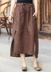 Chic Brown elastic waist tie waist Asymmetrical Pockets Linen Skirt Spring