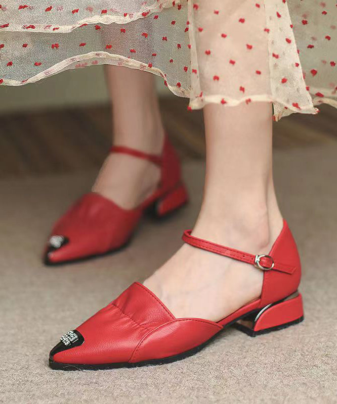 Chic Buckle Strap Splicing Low Heel Red Faux Leather Pointed Toe