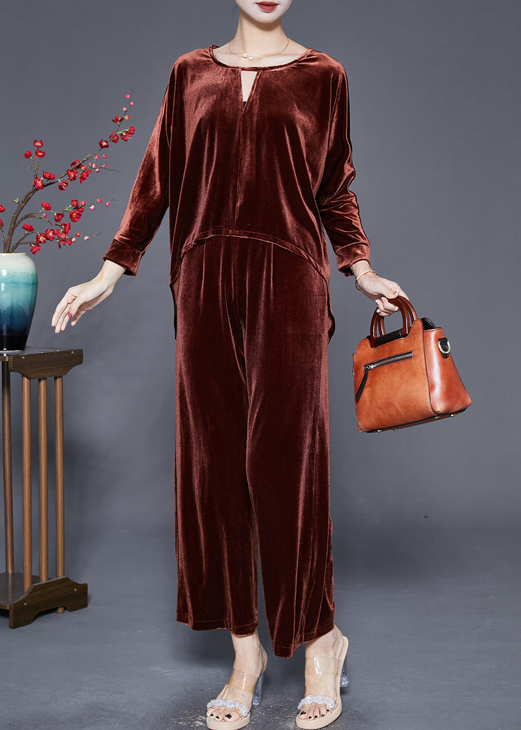 Chic Caramel O-Neck Low High Design Silk Velour Two Piece Set Women Clothing Fall