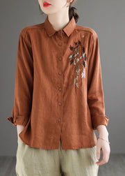Chic Caramel Peter Pan Collar Button Linen Shirt Long Sleeve