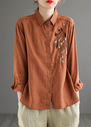 Chic Caramel Peter Pan Collar Button Linen Shirt Long Sleeve