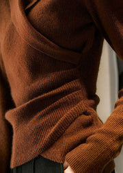 Chic Caramel Peter Pan Collar asymmetrical design slim fit Fall Sweater