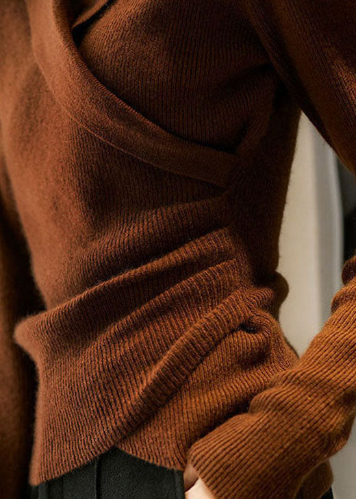 Chic Caramel Peter Pan Collar asymmetrical design slim fit Fall Sweater
