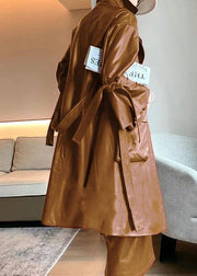 Chic Caramel Tie Waist Pockets Faux Leather Trench Coat Flare Sleeve