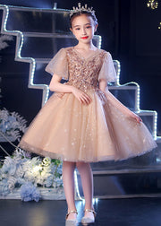 Chic Champagne Puff Sleeve Sequins Tulle Kids Girls Dress Summer